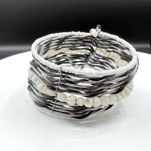 White Beaded Multi Strand Cuff Bracelet Boho Statement Layered Festival Gift